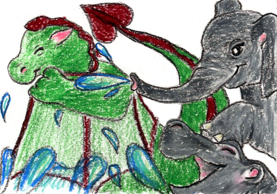 Dragon playing in water with hippo and elephant